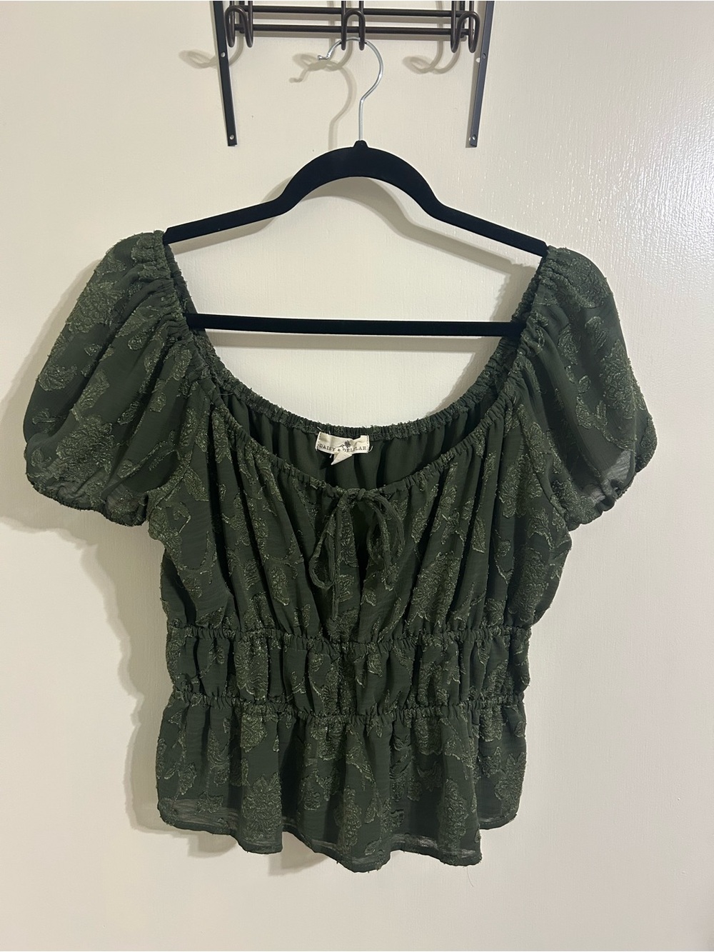 Olive Green Smocked Puff Sleeve Peasant Blouse
